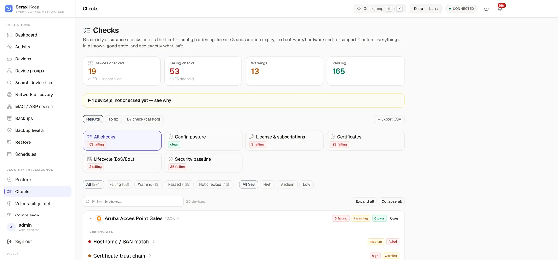 Seraxi Keep — Checks: config posture, licences, certificates, lifecycle and security baseline across the fleet
