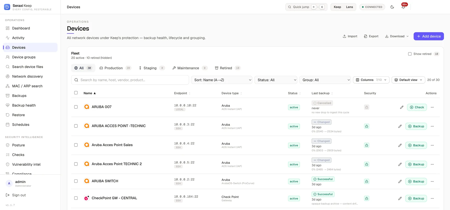 Seraxi Keep — device inventory with vendor, endpoint, backup state and security status
