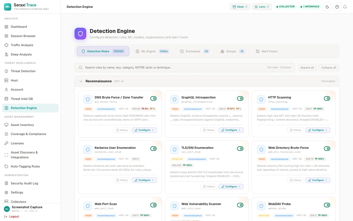 Seraxi Trace TDS — detection engine with static rules and ML detectors per category