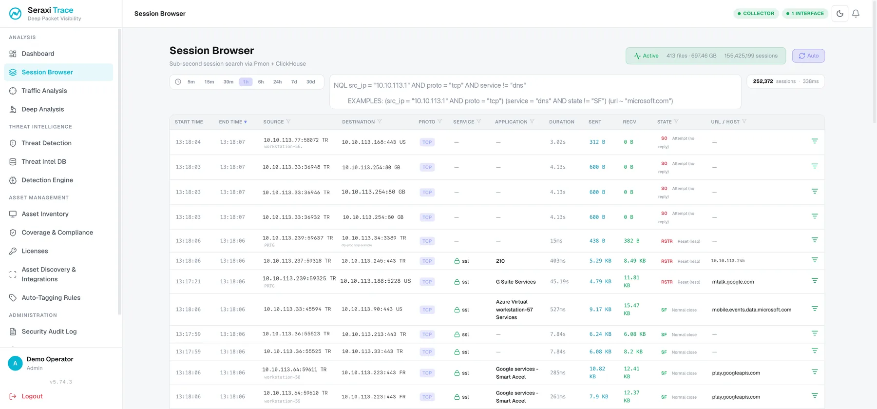 Seraxi Trace Analysis — session browser with sub-second search over recorded traffic